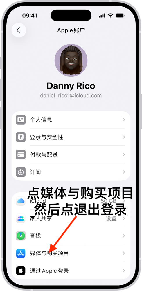 在 Apple 账户页面点击媒体与购买项目并退出登录