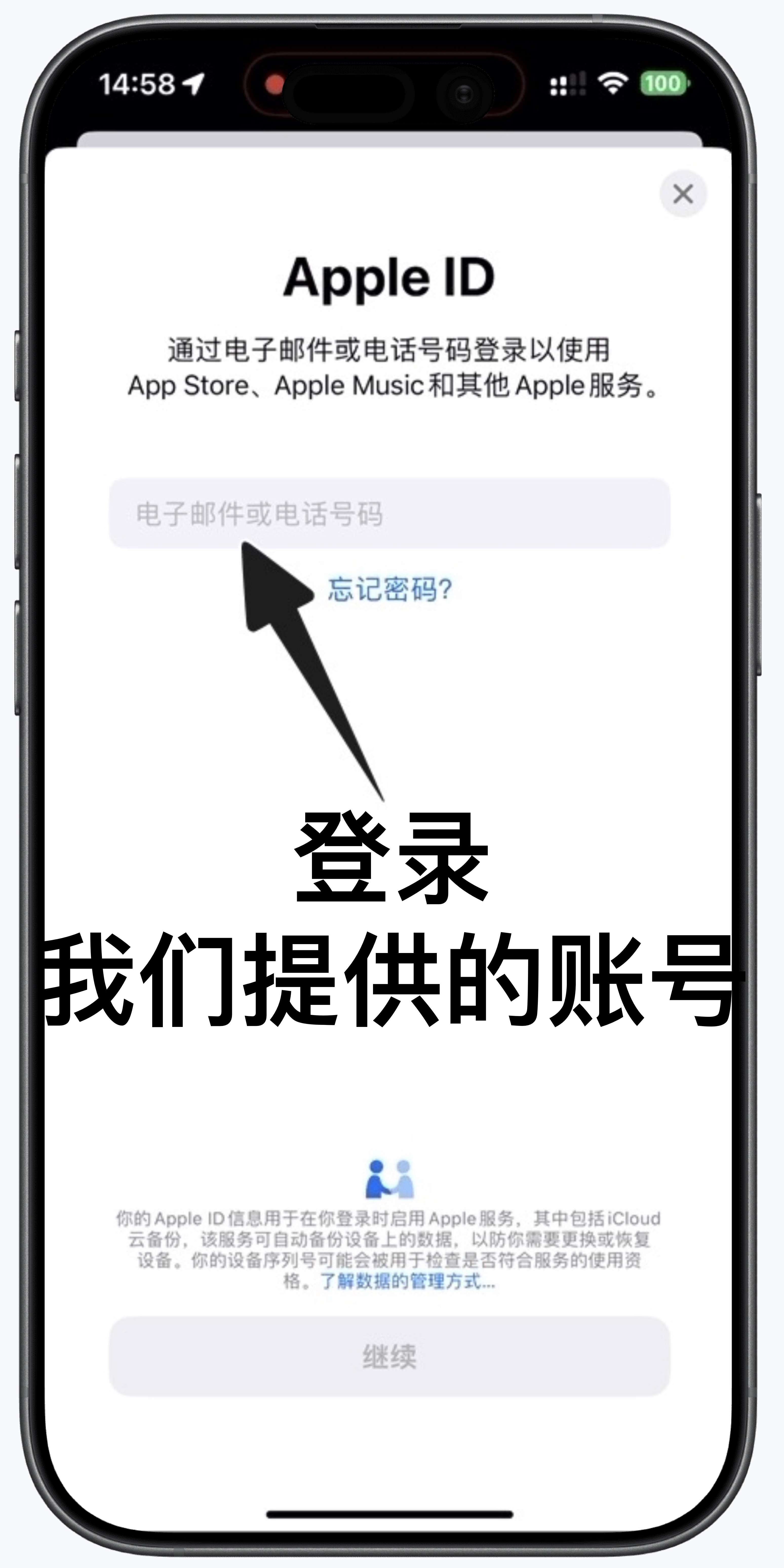 在 Apple 账户登录页输入提供的账号